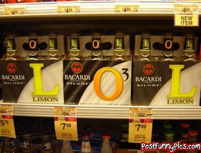 Bacardi breezer 6-packs arranged on the shelf to read LOL