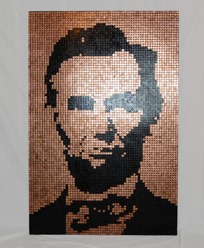 61.44 in pennies
took about 85 hours
4 feet wide by 6 feet tall
all heads up and facing the same way for added detail