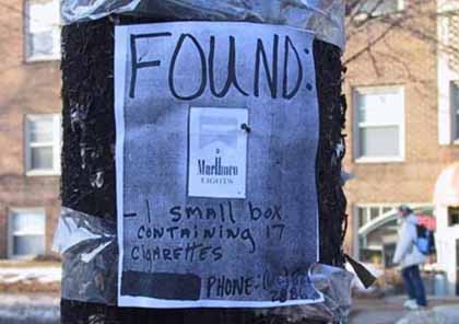 Lost and found sign, cigarettes