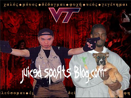 Michael Vick and Cho Seungh-Hui stand in front of the VT emblem in hell.  They are VTs most famous alumni.