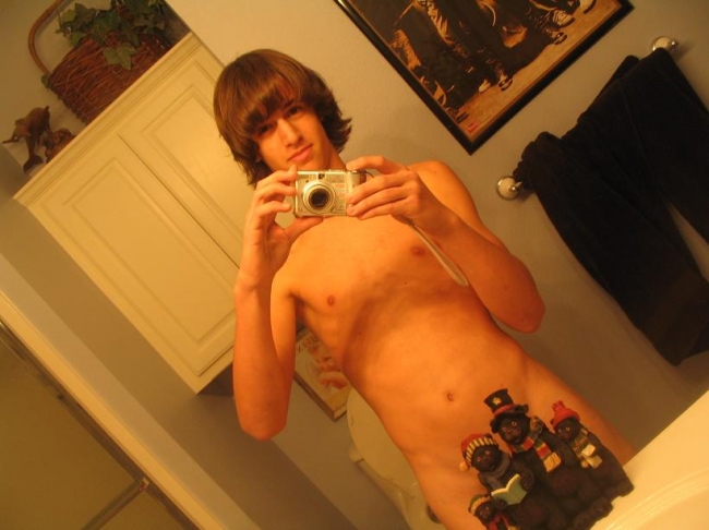 this kid thought it would be funny to take this picture and show it to some chicks but when it got in the wrong hands his parents ended up finding it and hes in deep crap now