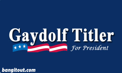 At the February 24th Oscars, Jon Stewart compared Barack Hussein Obama's name with a past presidental candidate's name: GAYDOLF TITLER. This is his campaign site.