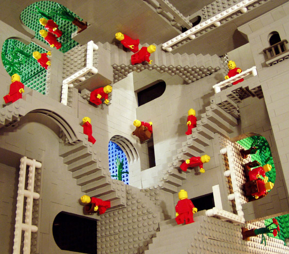 Compilation of works by M. C. Escher and lego reproductions