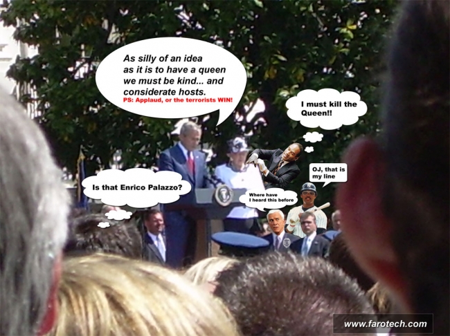 A mockup of the Queens latest visit to the US, chalk full of Naked Gun Characters.