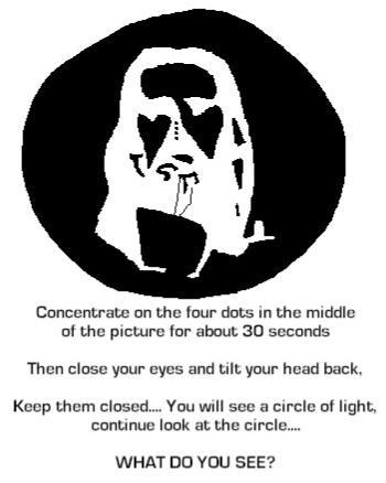 Concentrate on the four dots in the middle of the picture for about 30 seconds
Then close your eyes and tilt your head back/side.
Keep them closed.... You will see a circle of light, continue look at the circle....

WHAT DO YOU SEE?