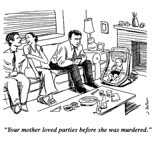 sad cartoon from cartoondujour.com about a recent widower at a party with his child.