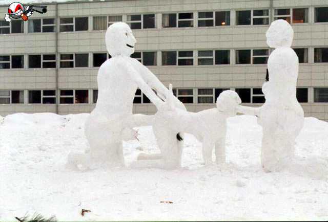 Snowmen in sexual positions.  Very classy.