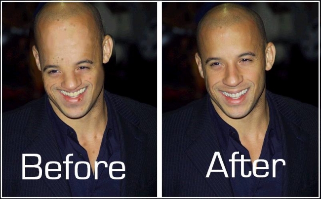 This is what Vin Diesel looks like before air brushing... PS if you look closely you can see quite a nasty little "shaving wound" on his lip there.