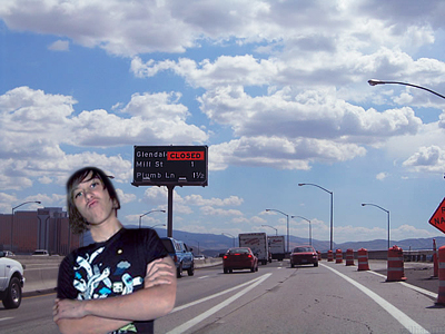 Zak chillin' in the middle of highway 395. The Spaghetti Bowl 