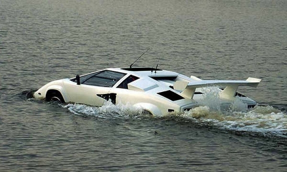 Mike Ryan, inventor of the SeaRoader amphibian, claims to have converted this Countach replica as an experiment during the early stages in the development of his current sea-going fleet. Re-badged as the Ryan Z1A, the buoyant Countach, capable of about 15 mph in the water, was allegedly sold on eBay some years ago.