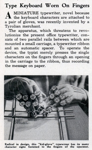 A vintage ad for a failed invention, a typewriter that you wore on your fingertips. Wonder why that never caught on?