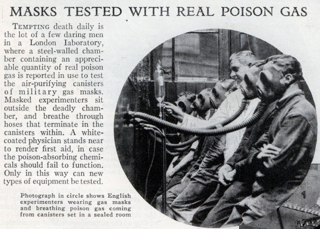 Weird news clipping showing poison gas masks tested with real poison on real folk.