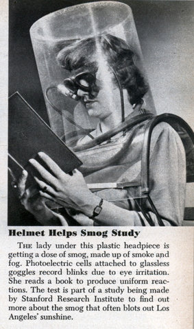 Helmet helps smog study. Vintage ad.