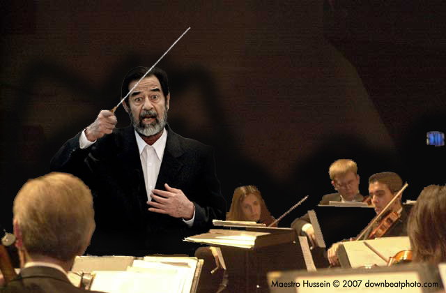 Maestro Hussein Is that a wrong note I just heard?!!!Saddam Hussein conducting a symphony orchestra.