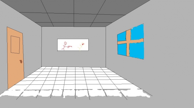 this is in awsome 3d image of a classroom with a wierd drawing on the white board!
