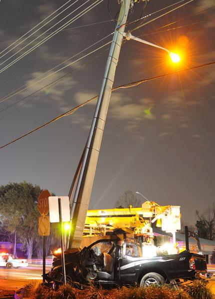Truck rams into an electricity pole.  Taking the electricity out for a city block for 2 hours. Luckly the driver walked away with only a broken bone or 2.