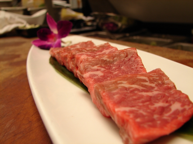 Our Wagyu beef plated for our hot rock