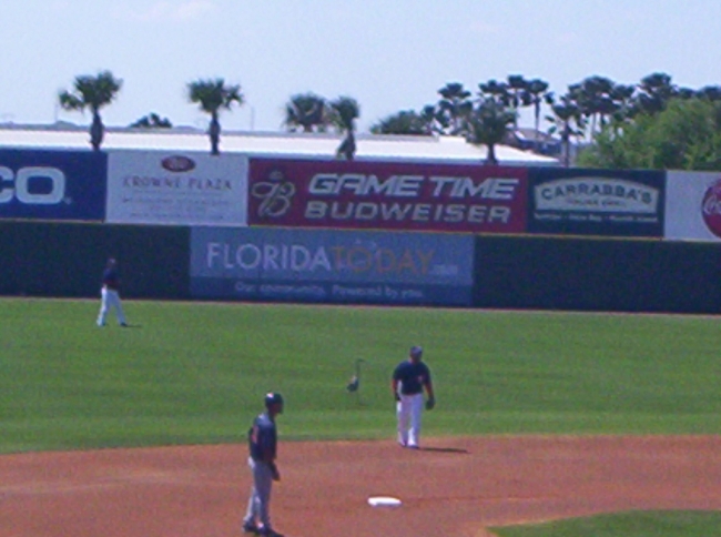 While at the Nationals and Indians Spring training game a Blue Heron decided it wanted to play
