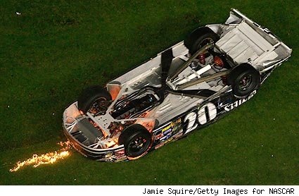 Clint Bowyer, driver of the No. 07 Jack Daniel's Chevrolet, goes upside down after crashing on the last lap at Daytona 500 on Feb. 18, 2007.