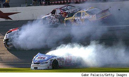 One of four accidents in the NASCAR Busch Series EAS GNC Live Well 300 at Daytona Speedway on Feb. 16, 2002.