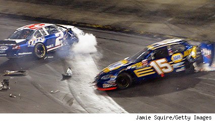 Michael Waltrip No. 15 and Rusty Wallace No. 2 crash on the 102nd lap during the NASCAR Sharpie 500 on Aug. 23, 2003 at the Bristol Motor Speedway.