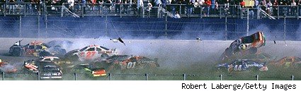 Tony Stewart in the No. 20 car is launched into a series of rolls triggering a 19-car crash during the Daytona 500 on Feb. 18, 2001.