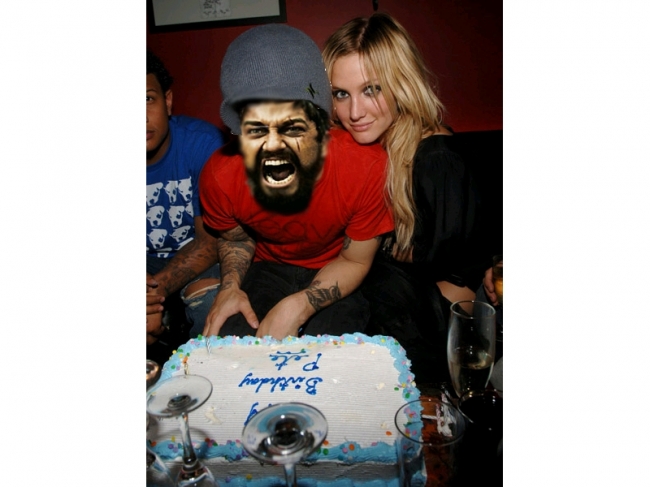 heres a picture of pete wentz at his birth day party with his girlfriend. He was pissed they bought vanilla cake insted of chocolate
