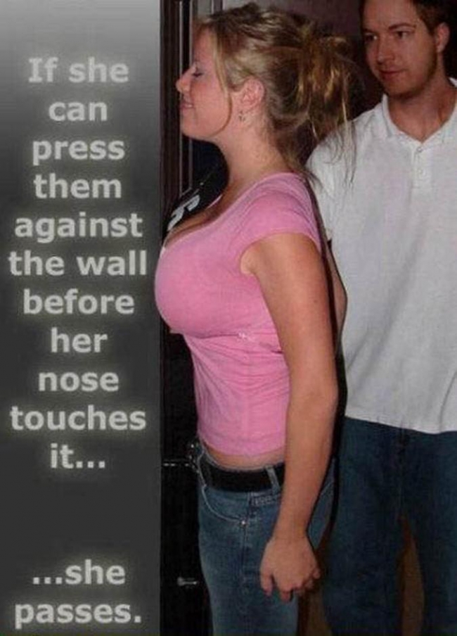 If she can press them against the wall before her nose touches she passes