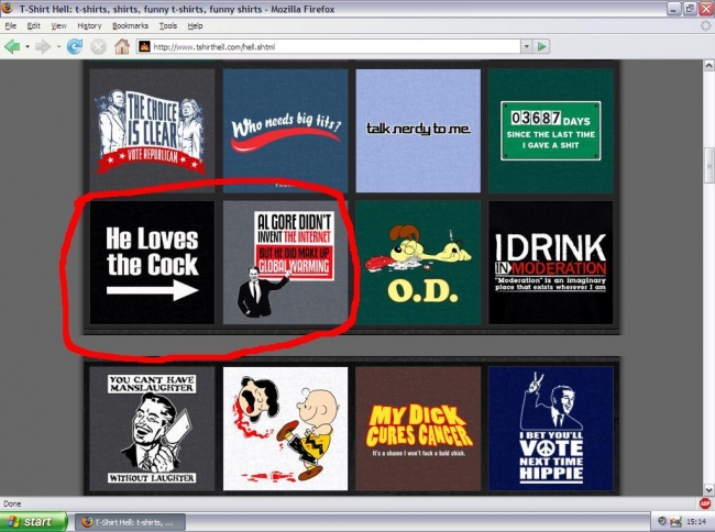 A screen shot from tshirthell.com . Not sure if the placement was deliberate or not.