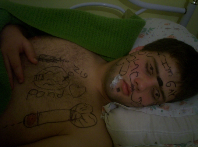 My friend went to a monster truck rally. Got drunk before he went in. Threw up everywhere in the stadium. Cop came by kicked him out. I took him home and he fell asleep. So we started to draw all over him.