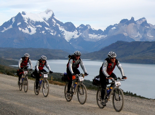 Mountain biking at National Park Torres del Paine, in the Chilean Patagonia, during Patagonia Expedition Race 2005, an adventure race that takes place every year on february and it has disciplines like kayakking, trekking, mountain bike, rope work and orienting. for more information check the official website: www.patagoniaexpeditionrace.com