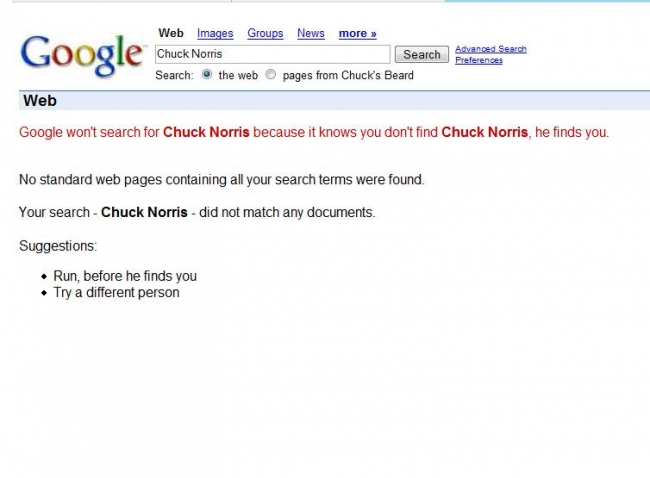 type this into a good search then hit the im feeling lucky button

"find chuck norris"