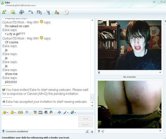 A webcam chat between two people. Look at the reaction!