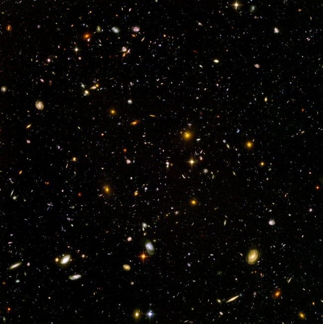 One picture from the Hubble deep field lens that has an estimated 3,000 galaxies, each containing millions of stars