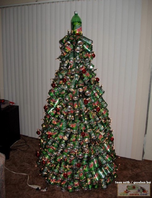 A Christmas tree made out of Mountain Dew cans.