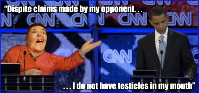 Hilary Clinton does not have testicles in her mouth.