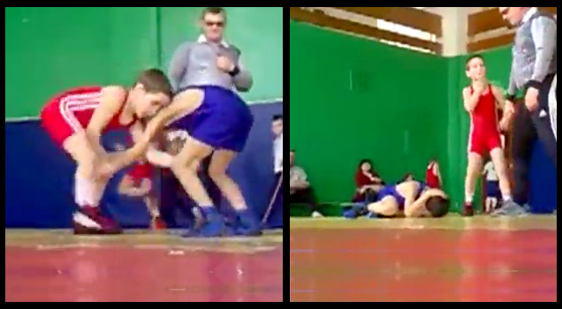 two shots of kids in wrestling gear before and after suplex move