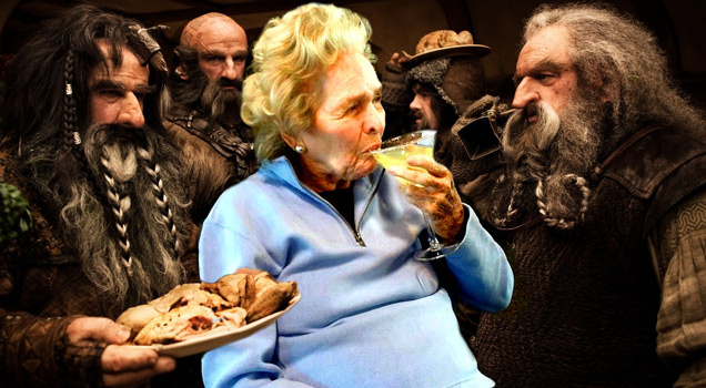 woman drinking a mimosa with the dwarves from the hobbit movie