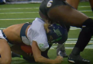 Los Angeles Wide Receiver and Corner Back Ogom Chijindu has an unusual post tackle celebration. How do you insult your opponent?  Twerk on her head!