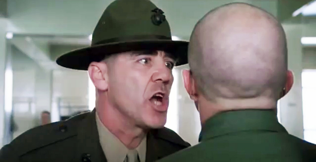 drill sergeant yells at soldier