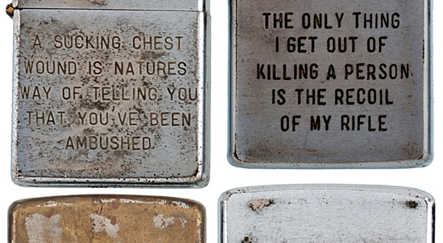 The engravings in these lighters indicate the dark sense of humor--as well as the humanity--of soldiers in this unpopular war.
