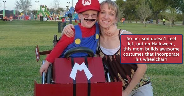 son in wheelchair dressed as mario and his mother