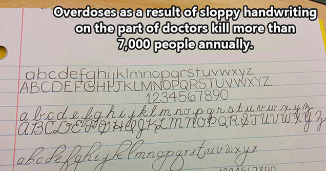 doctors bad handwriting meme - Overdoses as a result of sloppy handwriting on the part of doctors kill more than 7,000 people annually abcdefghijklmnopqrstuvwxyz Abcdefghijklmnopqrstuvwxyz 1234567890 labadelghijklmnopqrstuvwxyz A Bclicujus HOOGKLMNOPQRSTU