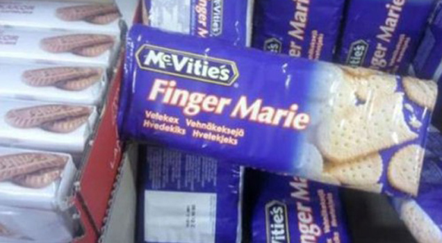 biscuits with rude names - Hvedekte Hvelekjeks Velekex Vehnikelejd Finger Mivities MVitie's Finger Marie KeVitie's Finger M. er Marie atles ger Marie