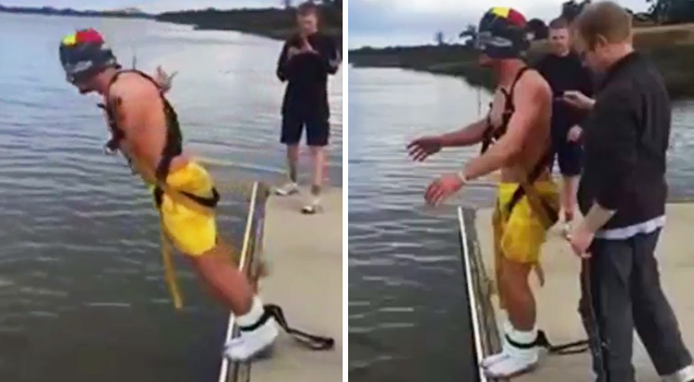 guy on pier blindfolded