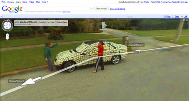 google street view of a car covered in sticky notes