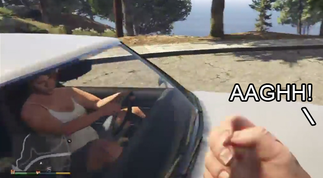 In-game GTA 5. Woman in a car hits a pedestrian who says, 