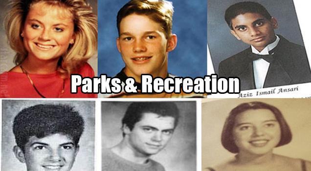 a collage of yearbook photos of people who went on to star in NBC's Parks & Recreation. Those included in the collage are Nick Offerman, Aziz Ansari, and Amy Poehler.