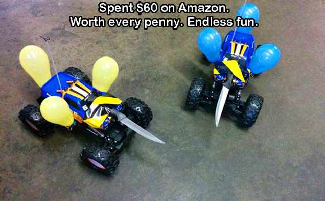 remote control cars with knifes and balloons attached