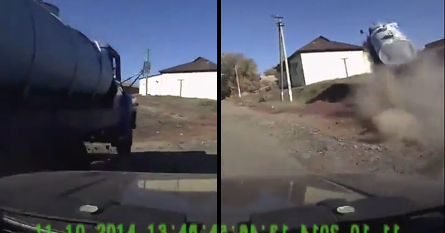 On the left side a car is being overtaken by a big rig on a rural road. On the right side, the big rig is going off a natural jump made of a small hill, and the truck is kicking up dust behind it.